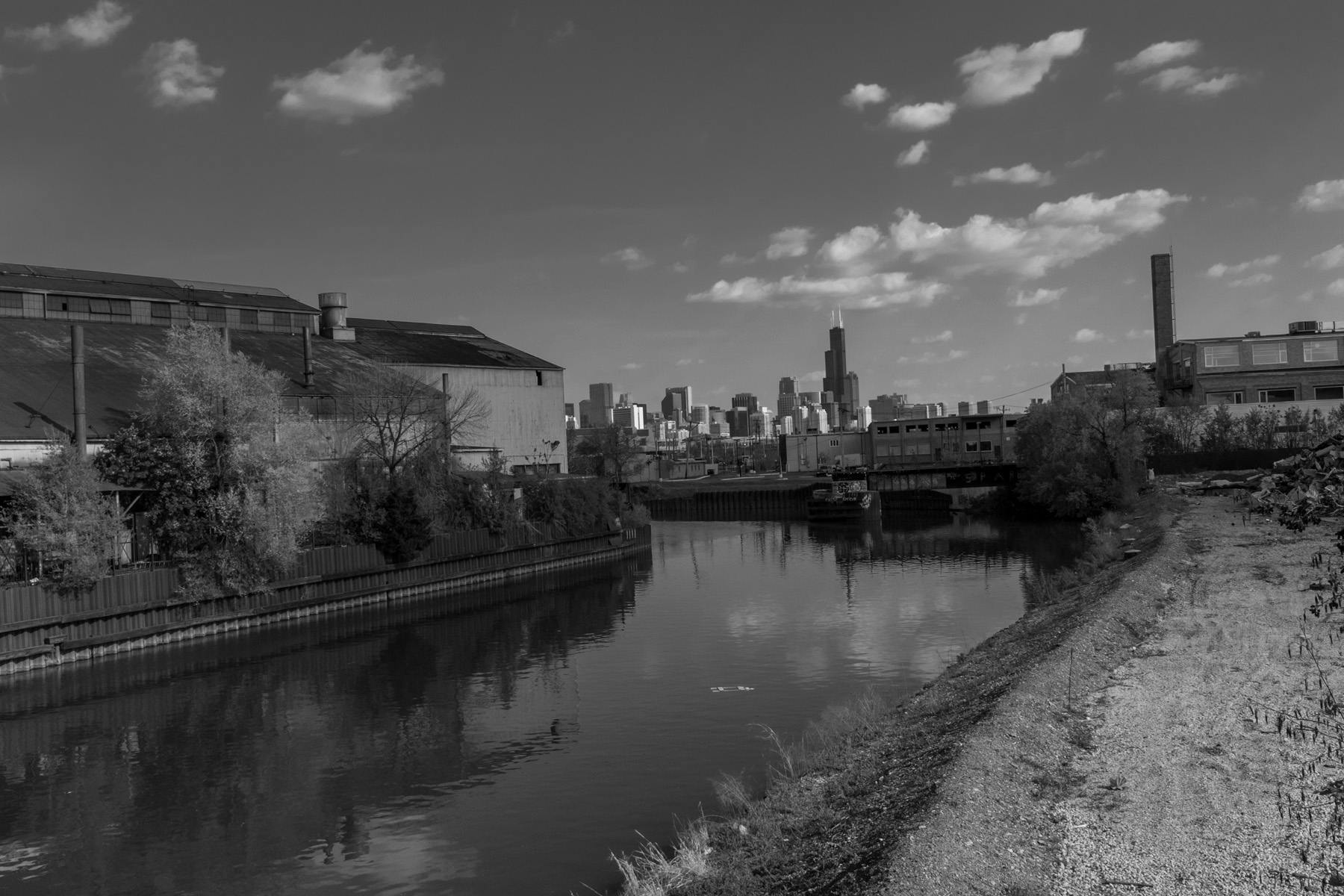 a shot of the Chicago skyline from the Webster street bridge just off of Ashland ave.